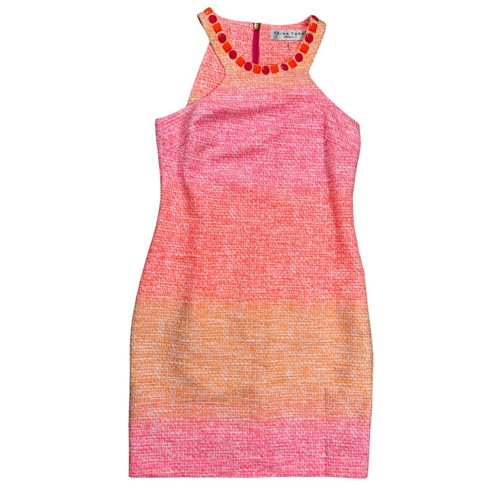 Trina Turk Aptos 2 Pink Orange Ombré Tweed‎ Dress Sz 0 Cocktail Jeweled Halter
